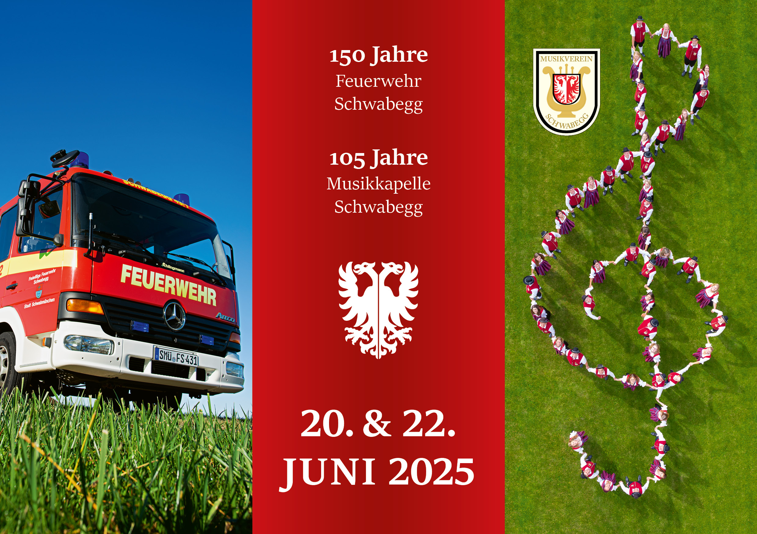 Außenseite des Flyers zum Schwabegger Doppeljubiläum 2025